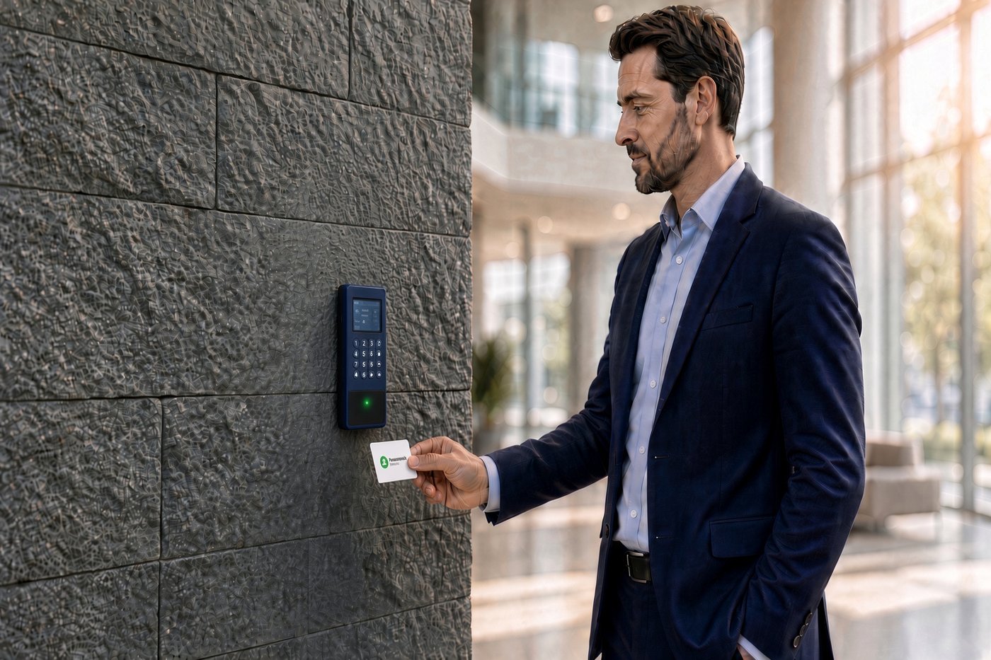 A man in a suit presenting a proximity badge to a wall-mounted card reader with a green indicator light, in the lobby of a commercial office building