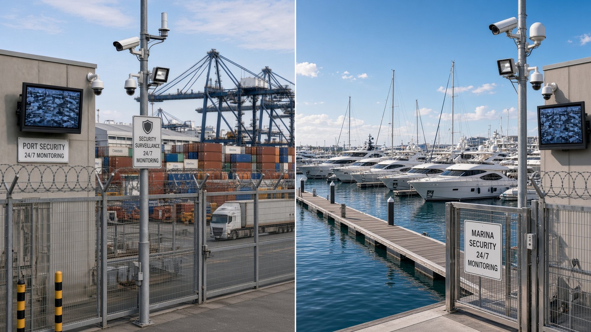 A secured port terminal and a monitored marina, both protected by perimeter fencing, surveillance cameras, gate access control and live camera feeds at the security office