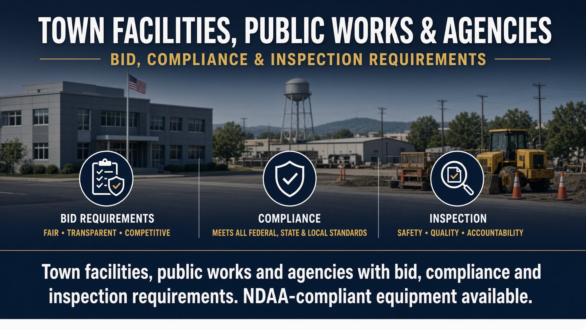 Municipal town hall and public works yard protected by monitored security systems, meeting bid, compliance and inspection requirements