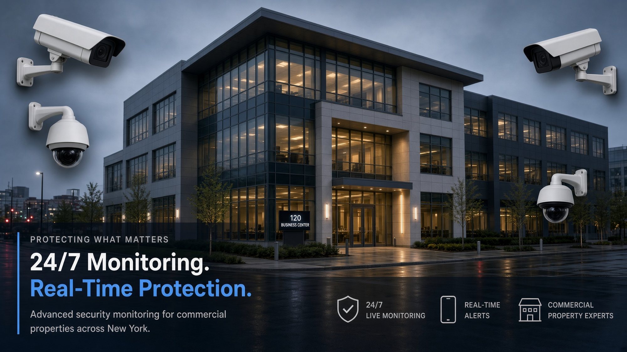 Commercial office building at dusk with security cameras covering the perimeter. 24/7 monitoring, real-time alerts, commercial property experts.