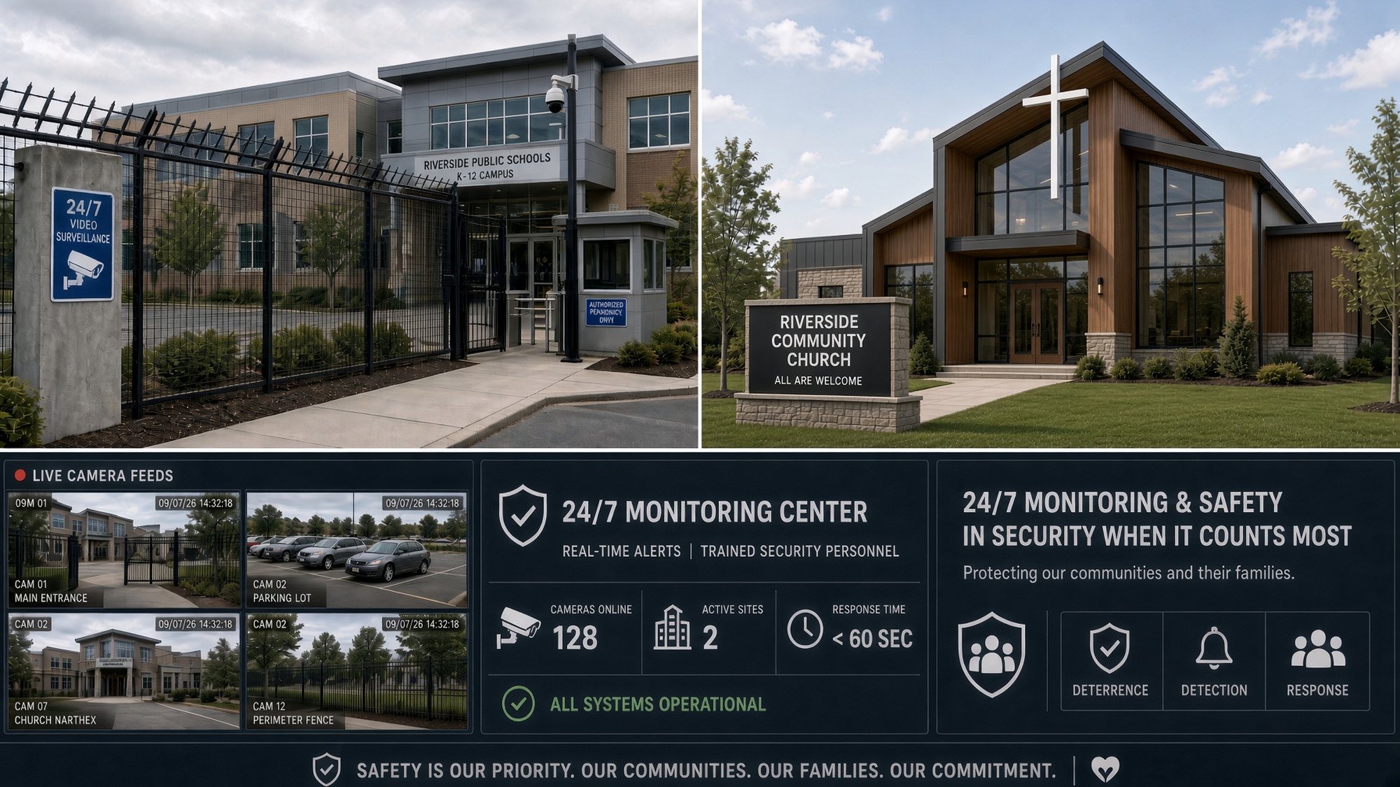 A K-12 school campus and a community church protected by monitored video surveillance, with live camera feeds shown on a 24/7 monitoring centre display